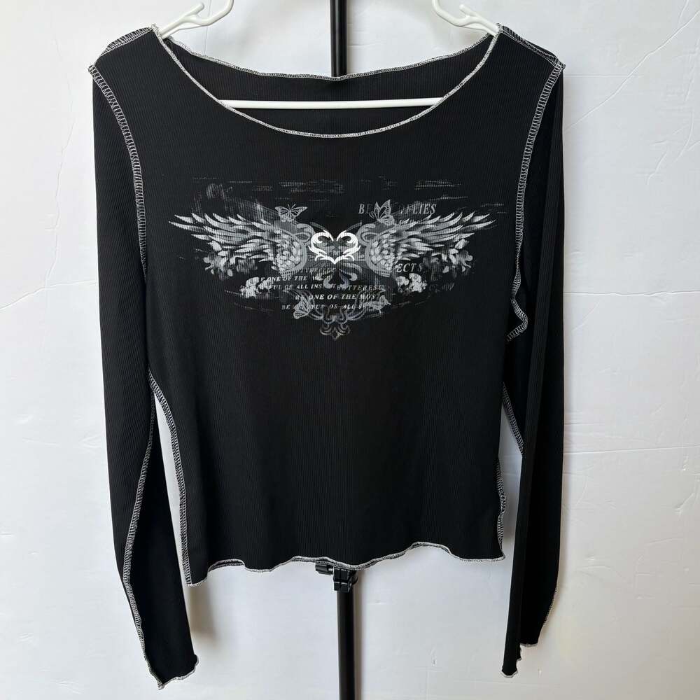 ROMWE Grunge Goth Graphic Wings Ribbed Long Sleeve Top Large